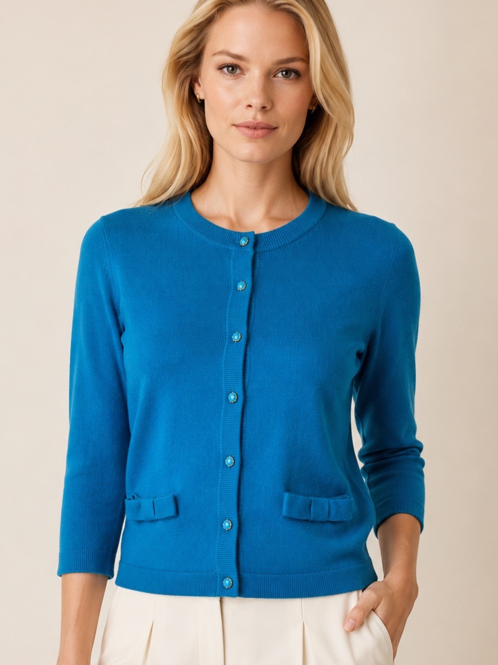 Kate Spade Wool Cashmere Bow Pocket Cardigan XS Blue 3/4 Sleeve